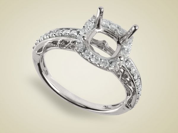 18kt White Gold Cushion Shape Halo With Hand Engraving