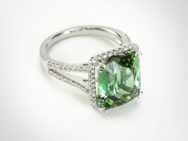 18kt White Gold Cushion Cut Mint Green Tourmaline Ring (Recently Sold)