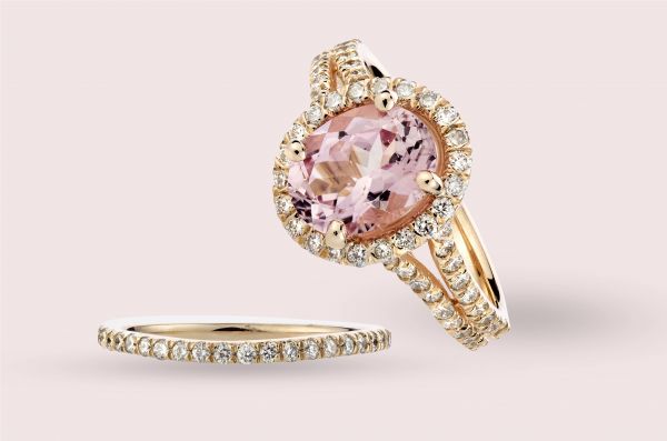 14kt Rose Gold Natural Oval Pink Tourmaline and White Diamond Ring With Contoured Matching Wedding Band