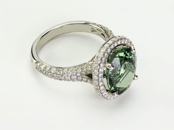 18kt White Gold Oval Green Tourmaline and Diamond Ring (Recently Sold)