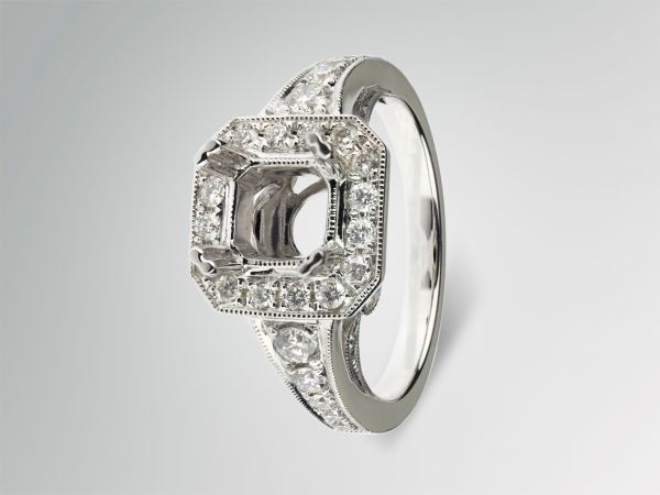 14kt White Gold Square Halo With A Graduated Diamond Shank.