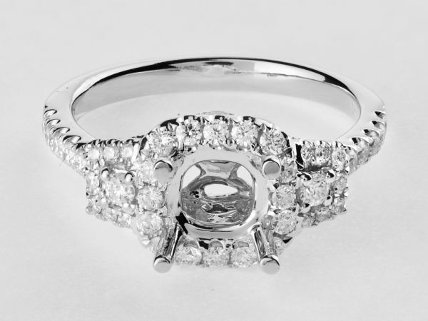14kt White Gold Three Stone Halo Engagement Ring