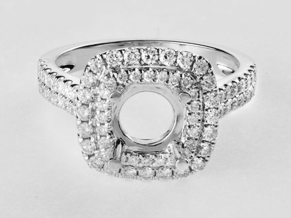 14kt White Gold Double Cushion Shape Halo Engagement Ring With A Two Row Shank