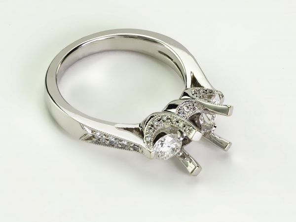 14kt White Gold Antique Pave Three Stone Engagement Ring