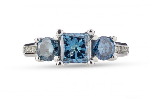 14kt Irradiated Blue Diamond 3-Stone Ring