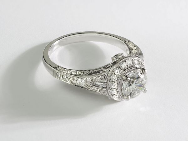 18kt White Gold Pave Round Diamond Halo Engagement Ring With Baguette Ascents