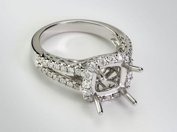 14kt White Gold Square Halo With A Double Shank
