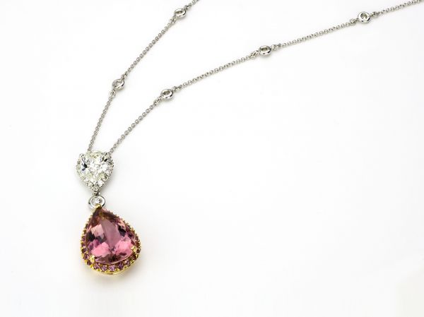 14kt White and Rose Gold Fancy Pink Tourmaline and Diamond Pear Shape Necklace (Recently Sold)