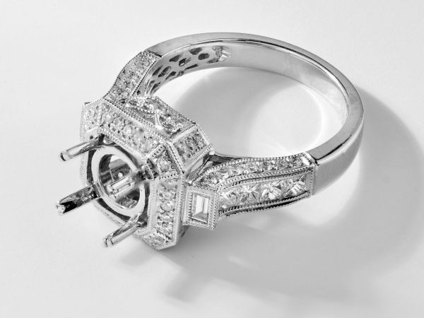 14kt White Gold Cut Corner Halo Engagement Ring With Round, Princess Cut, And Bagguette Diamonds
