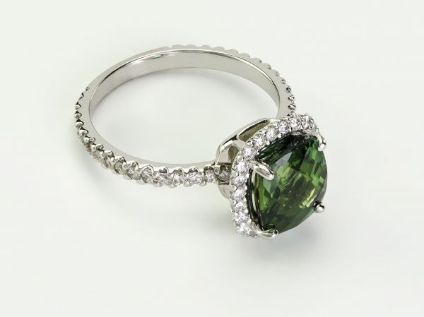 Oval Green Tourmaline and Round White Diamond Ring (Recently Sold)