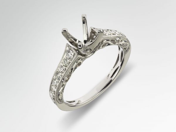 18kt White Gold Hand Engraved Cathedral Engagement Ring