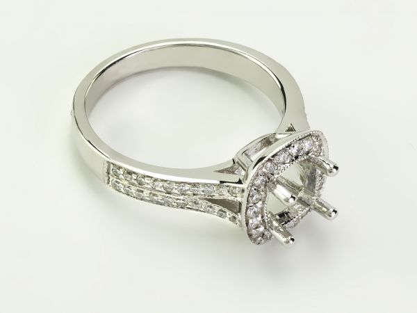 14kt White Gold Pave Set Cushion Cut Halo With A Split Shank