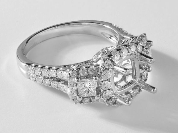 14kt White Gold Princess Cut Three Stone With Halo Accents