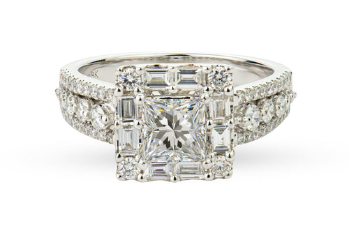 Round and Baguette Diamond Square Halo Engagement Ring