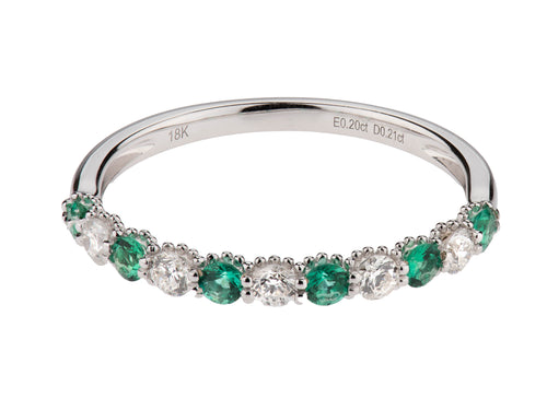 Round Green Emerald and Diamond Wedding Band