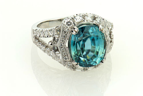 Blue Zircon and Round Diamond Split Shank Ring