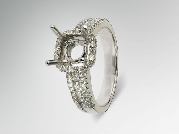 14kt White Gold Square Halo With A Three Row Diamond Shank.