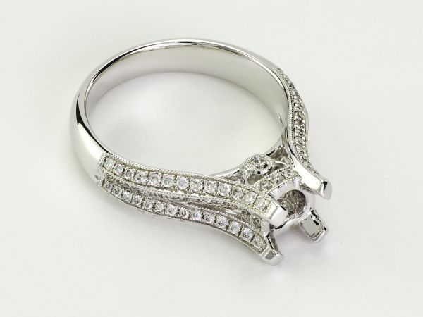 14kt White Split Shank Pave Set Engagement Ring With Miliigrain