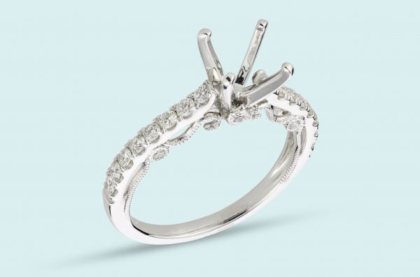 14kt White Gold Shared Prong Set Engagement Ring With Milligrain