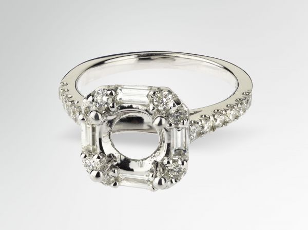 14kt White Gold Baguette And Round Diamond Halo Engagement Ring