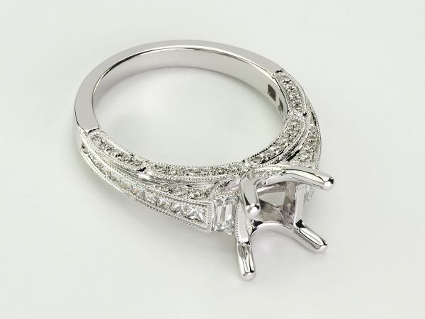 14kt White Gold Baguette, Round, And Princess Cut Diamong Engagemnet Ring